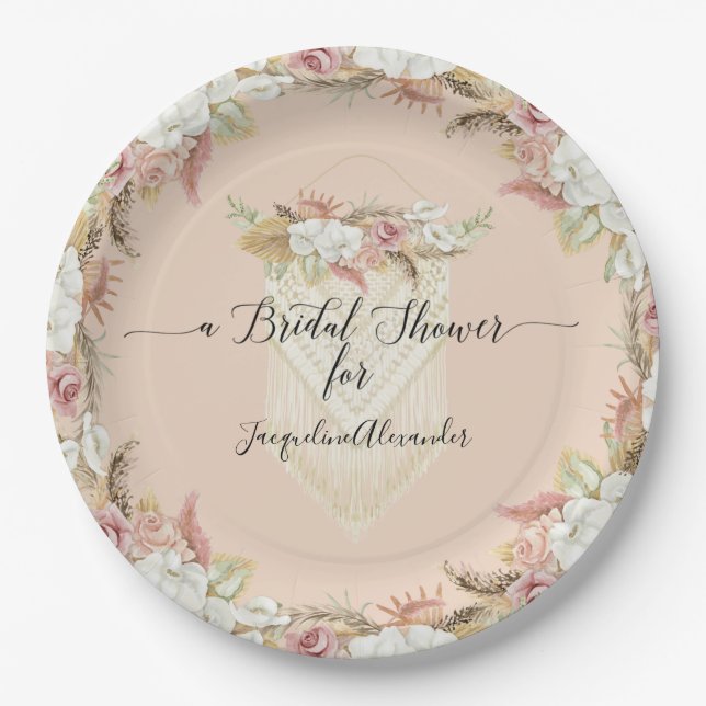 Pampas Grass Blush Floral Foliage Bridal Shower Paper Plate (Front)