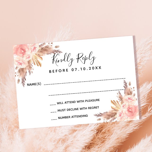 Pampas grass blush florals boho wedding RSVP Card (Creator Uploaded)