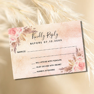 Pampas grass blush florals boho wedding RSVP Card