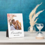 Pampas grass blush pink floral boho wedding plaque<br><div class="desc">A white background. Decorated with blush pink and rose gold florals and pampas grass.  Personalize and add your wedding photo,  and the date.</div>