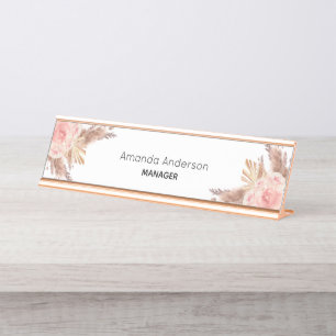 Pampas grass blush pink floral monogram desk name plate