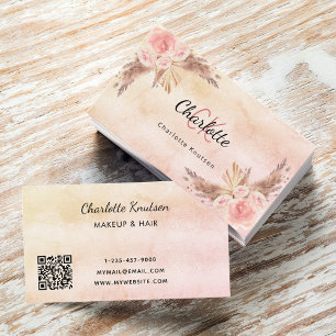 Pampas grass blush pink florals monogram QR code Business Card