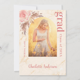 Pampas grass blush rose gold marble graduation announcement