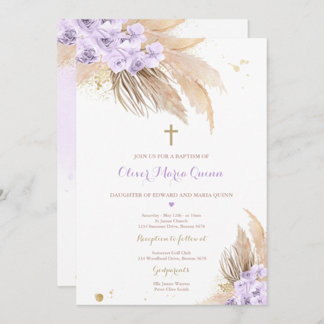 Pampas Grass Bohemian Baptism Boho Christening Invitation (Front/Back)
