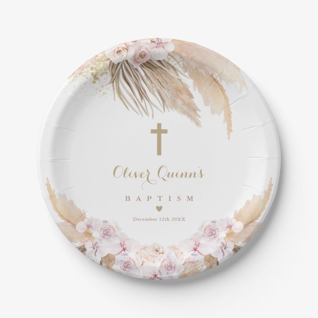 Pampas Grass Bohemian Baptism Boho Christening  Paper Plate (Front)