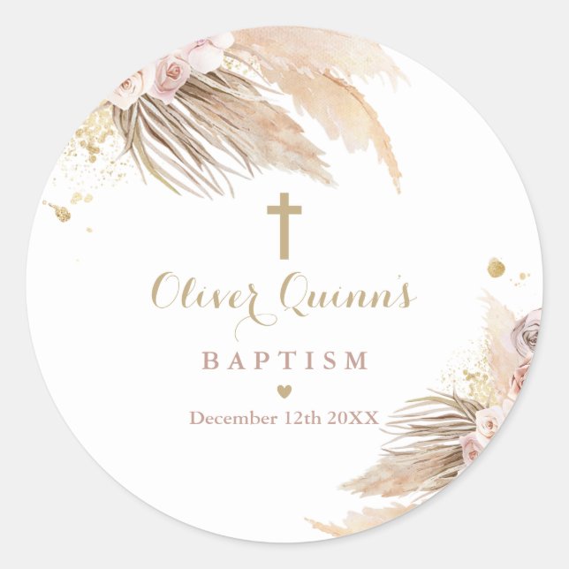 Pampas Grass Bohemian Baptism Christening Favour  Classic Round Sticker (Front)