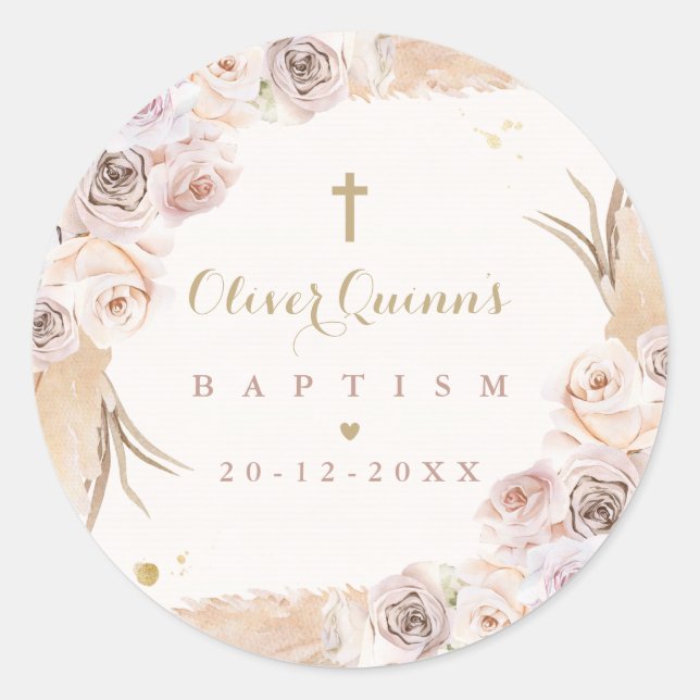 Pampas Grass Bohemian Baptism Personalized Classic Round Sticker (Front)