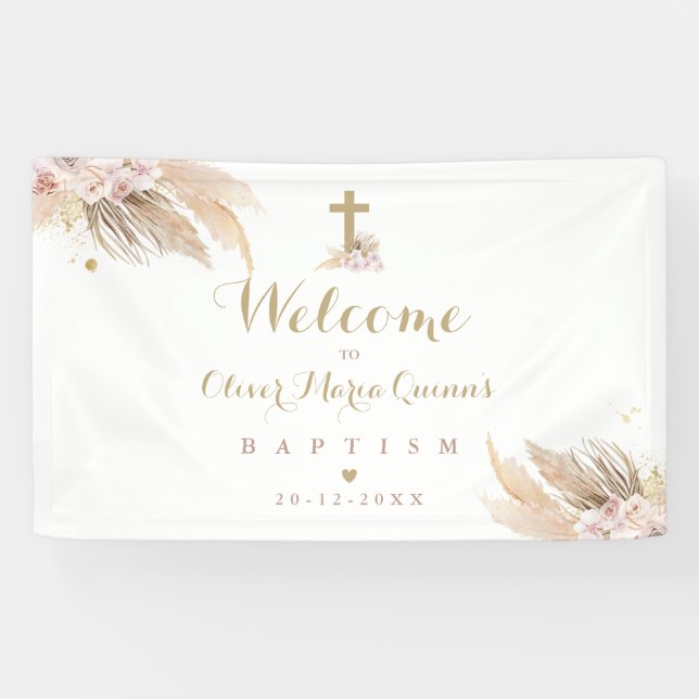 Pampas Grass Bohemian Baptism Personalized Welcome Banner (Horizontal)
