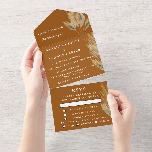 Pampas Grass Bohemian Boho RSVP Fall Elegant All In One Invitation (Tearaway)