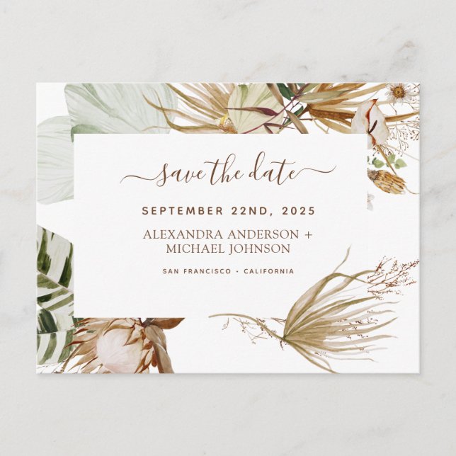 Pampas Grass Bohemian Boho Save the Date Invitatio Postcard (Front)