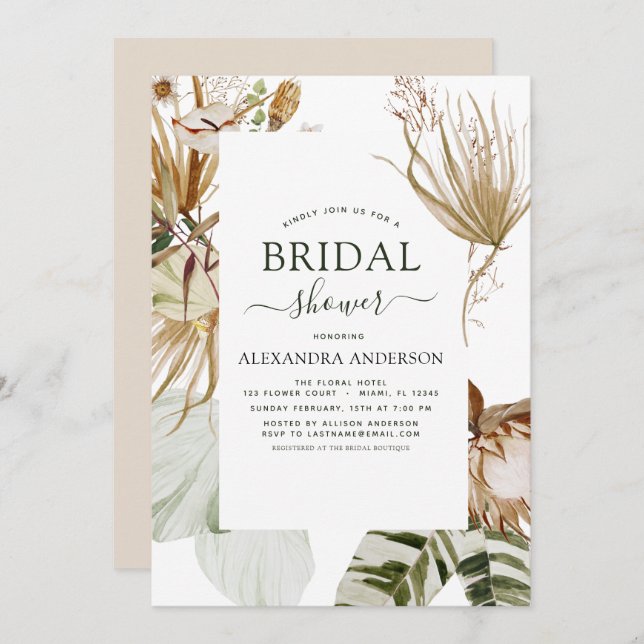 Pampas Grass Bohemian Boho Tropical Bridal Shower Invitation (Front/Back)