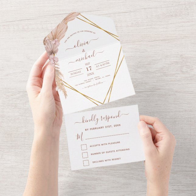 Pampas Grass Bohemian Boho Tropical Wedding RSVP All In One Invitation (Tearaway)