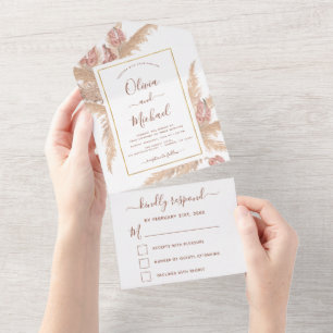 Pampas Grass Bohemian Boho Tropical Wedding RSVP All In One Invitation