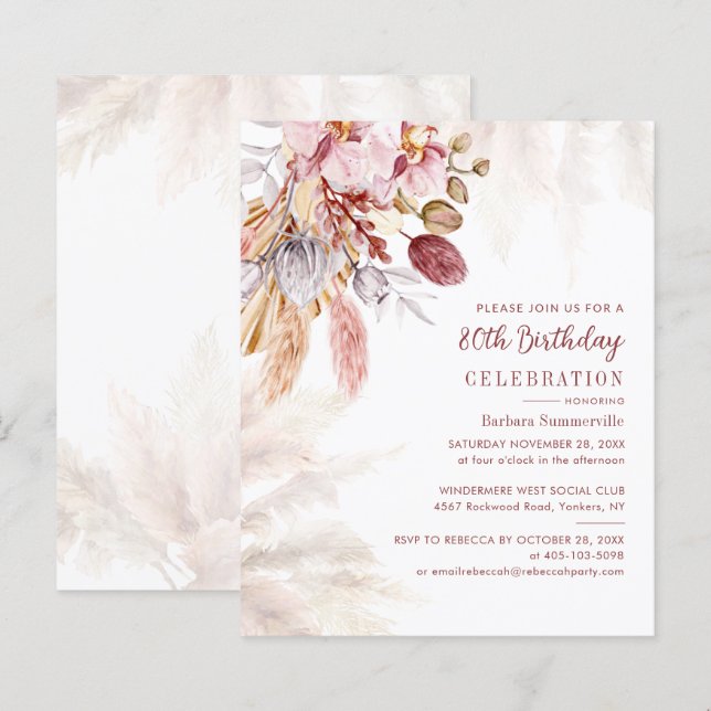 Pampas Grass Boho 80th Birthday Party Invitation (Front/Back)
