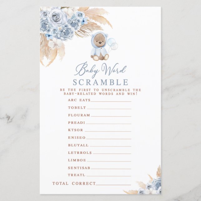 Pampas Grass Boho Bear Baby Word Scramble Game (Front)