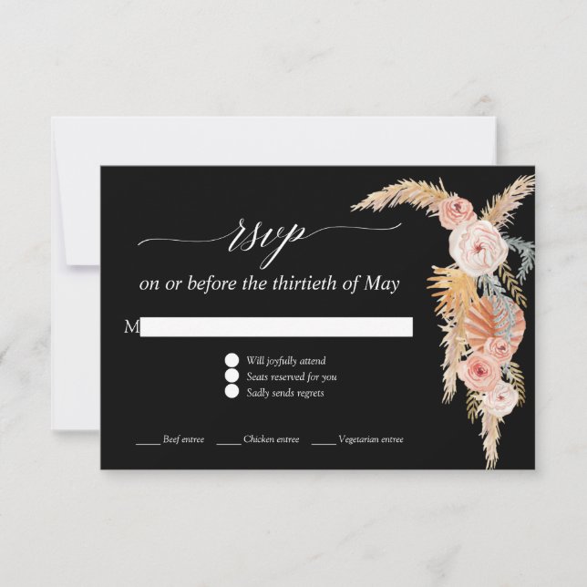 Pampas Grass Boho Blush Floral Roses Black RSVP Card (Front)