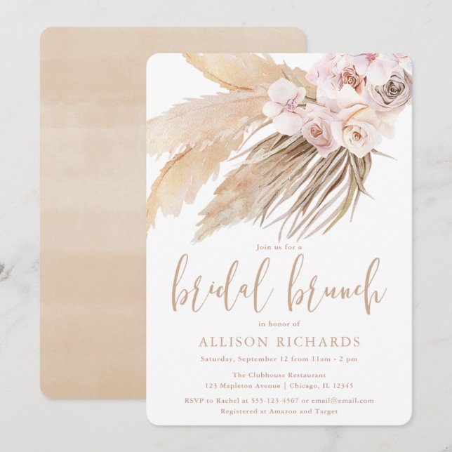 Pampas grass boho bohemian desert bridal brunch invitation (Front/Back)