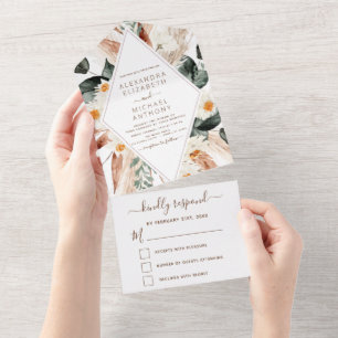Pampas Grass Boho Bohemian Eucalyptus Wedding All In One Invitation