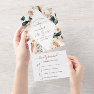 Pampas Grass Boho Bohemian Eucalyptus Wedding RSVP All In One Invitation