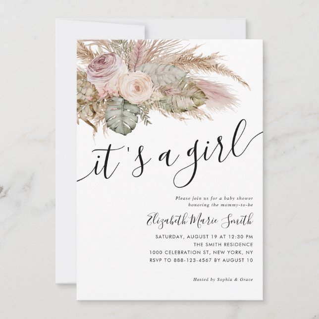Pampas Grass Boho Bohemian It's A Girl Baby Shower Invitation (Front)