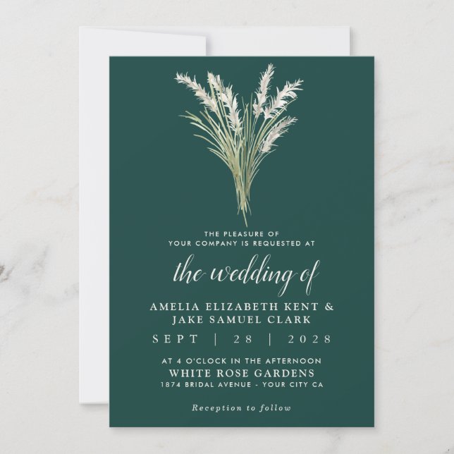Pampas Grass Boho Emerald Green Wedding Invitation (Front)