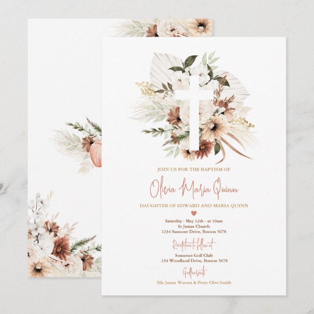 Pampas Grass Boho Fall Pumpkin Baptism Christening Invitation (Front/Back)