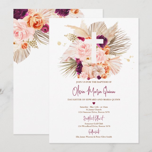 Pampas Grass Boho Fall Pumpkin Baptism Christening Invitation (Front/Back)