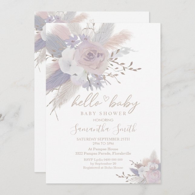 Pampas Grass Boho Floral Baby Shower Invitation (Front/Back)