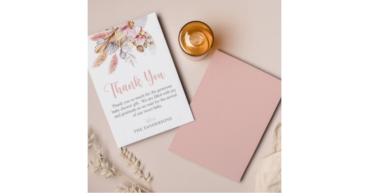 Pampas Grass Boho Floral Blush Pink Baby Shower Thank You Card | Zazzle