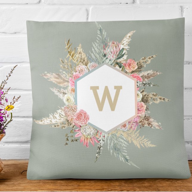 Pampas Grass Boho Floral Monogram Frame  Throw Pillow (Creator Uploaded)