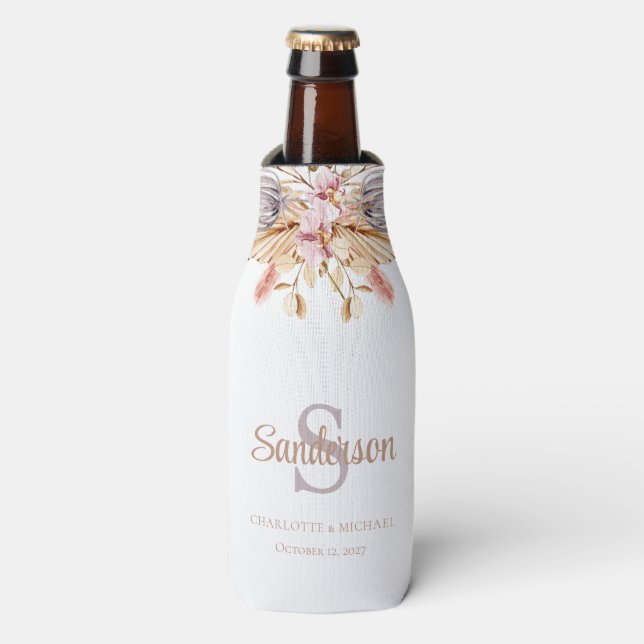 Pampas Grass Boho Floral Personalized Wedding Bottle Cooler (Bottle Front)