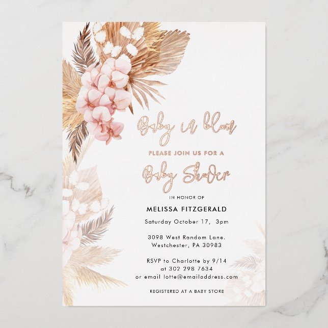 Pampas Grass Boho Girl Baby Shower Rose Gold (Front)