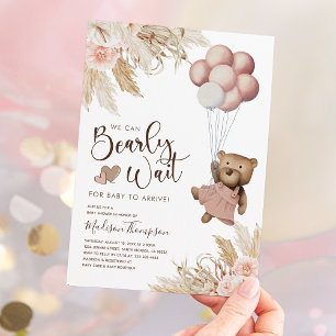 Pampas Grass Boho Girl Bear Baby Shower Invitation