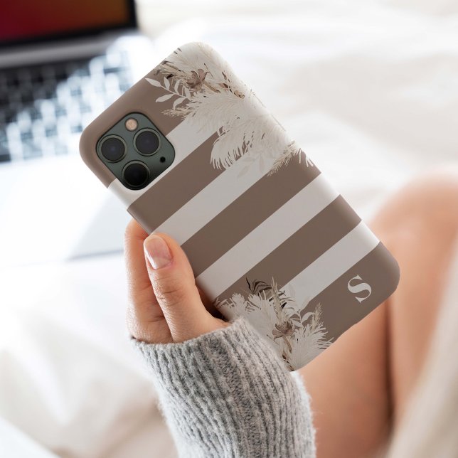 Pampas Grass Boho Monogram Case-Mate iPhone Case (Pampas grass monogram beige tan stripe for a boho modern cell phone case.)