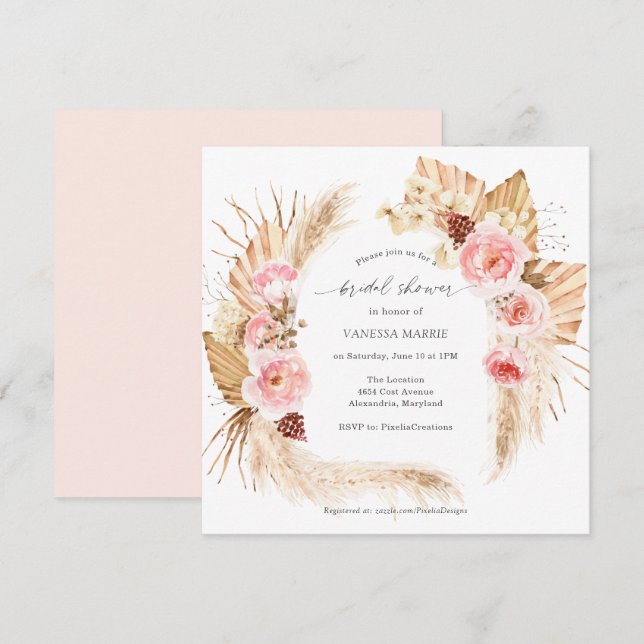 Pampas Grass Boho Pink Floral Bridal Shower Invitation (Front/Back)