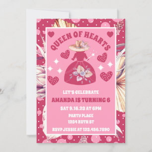 Pampas Grass Boho Pink Queen Of Hearts Birthday Invitation