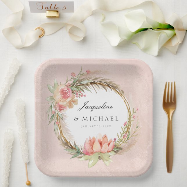 Pampas Grass Boho Pink Rose Floral Wreath Bridal Paper Plate (Wedding)
