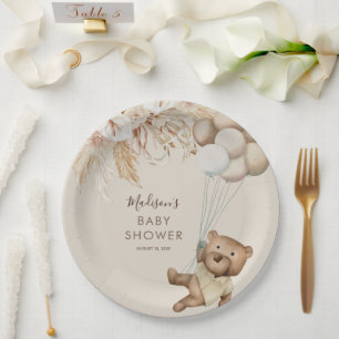 Pampas Grass Boho Teddy Bear Baby Shower Paper Pla Plate