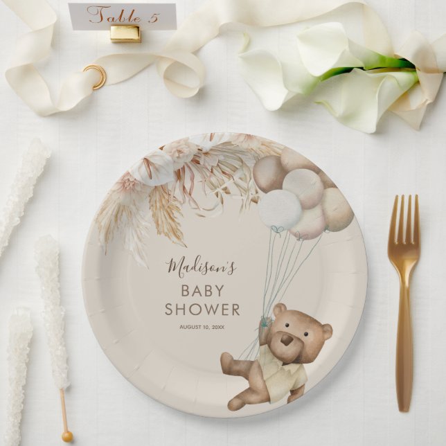 Pampas Grass Boho Teddy Bear Baby Shower Paper Pla Plate (Wedding)