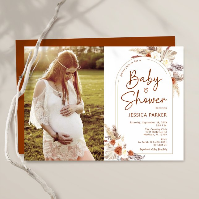 Pampas Grass Boho Terracotta Photo Baby Shower Invitation (Creator Uploaded)