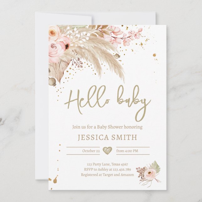 Pampas Grass Boho Tropical Rustic Girl Baby Shower Invitation (Front)