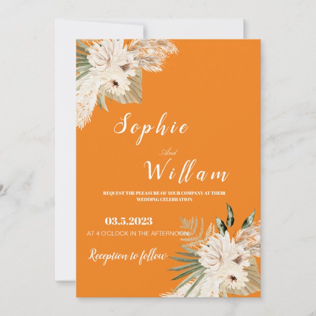 Pampas Grass Boho Wedding Invitation，Editable Invitation (Front)