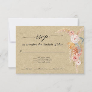 Pampas Grass Boho White Floral Tropical Kraft RSVP Card