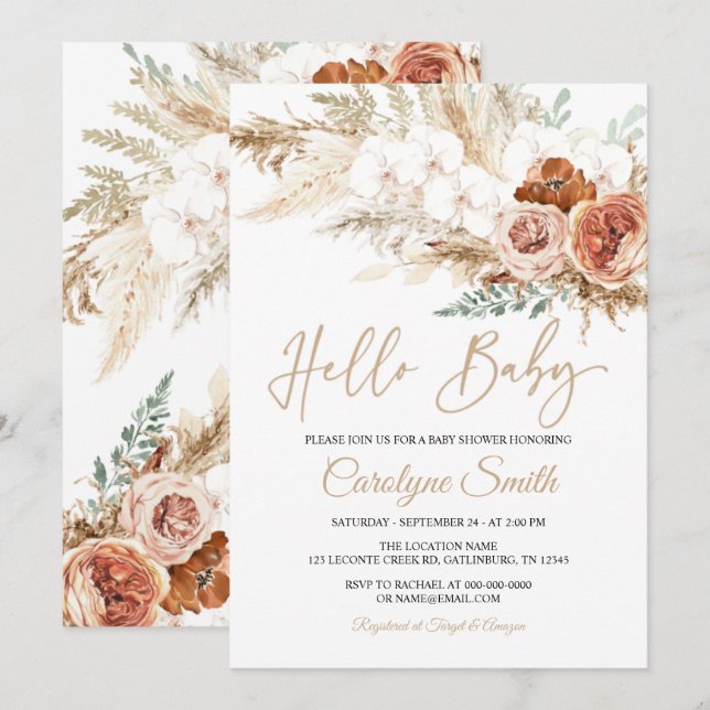 Pampas Grass Bonjour Baby shower Invitation (Devant / Derrière)