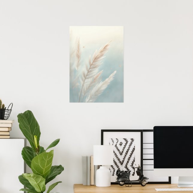 Pampas Grass Botanical Art Poster | Soft Blue & Cr (Home Office)