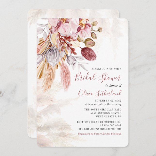 Pampas Grass Botanical Terracotta Bridal Shower Invitation (Front/Back)