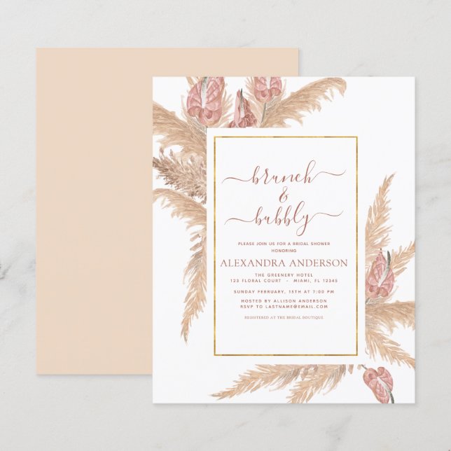 Pampas Grass Brunch Bubbly Boho Bridal Shower Invi (Front/Back)