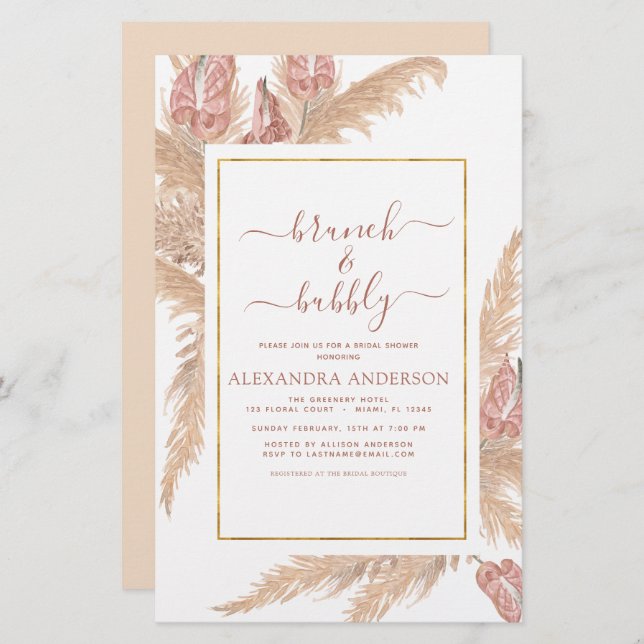 Pampas Grass Brunch Bubbly Boho Bridal Shower Invi (Front/Back)