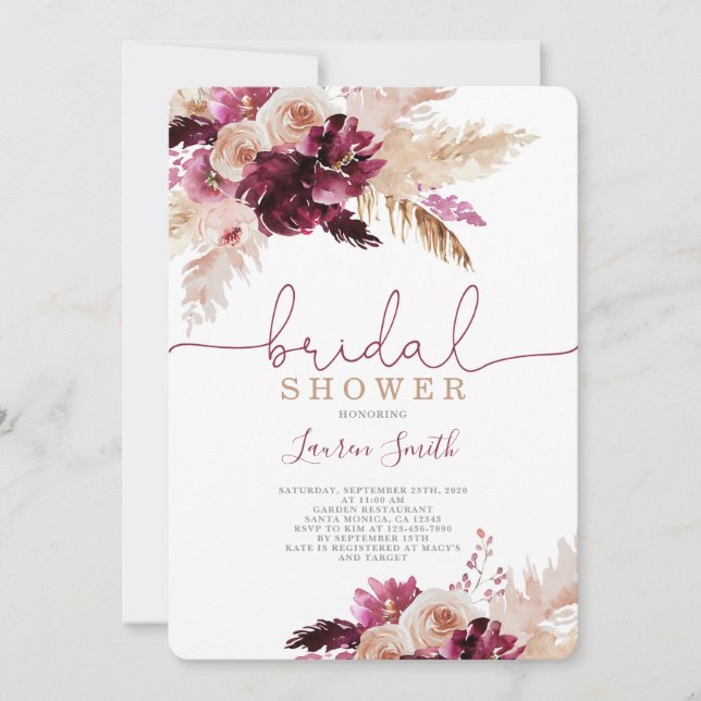 Pampas Grass burgundy bridal shower Invitation (Front)