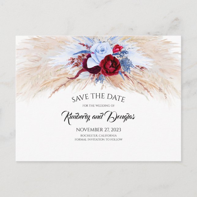 Pampas Grass Burgundy Dusty Blue Save the Date Announcement Postcard (Front)